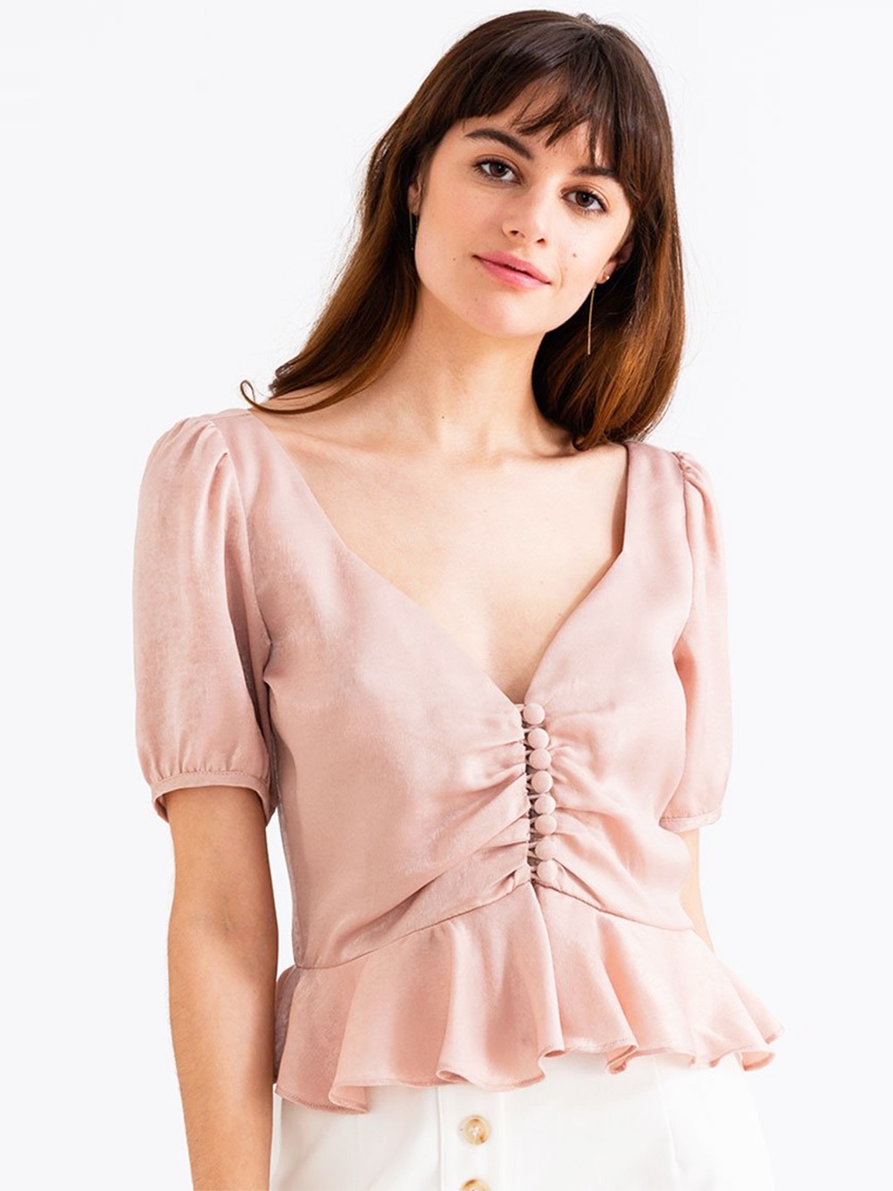 NWT🔖Petite Studio Kalina Top | Blush Pink Button Front Peplum Top